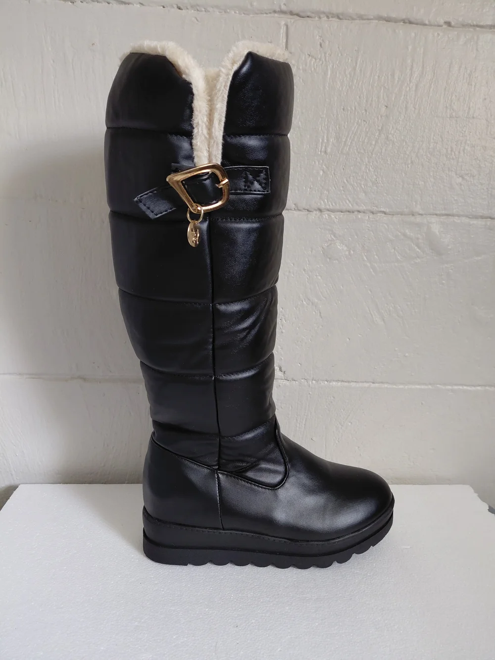 Women's Black Quilted Faux-Leather Tall Winter Boots with Faux-Fur Lining
